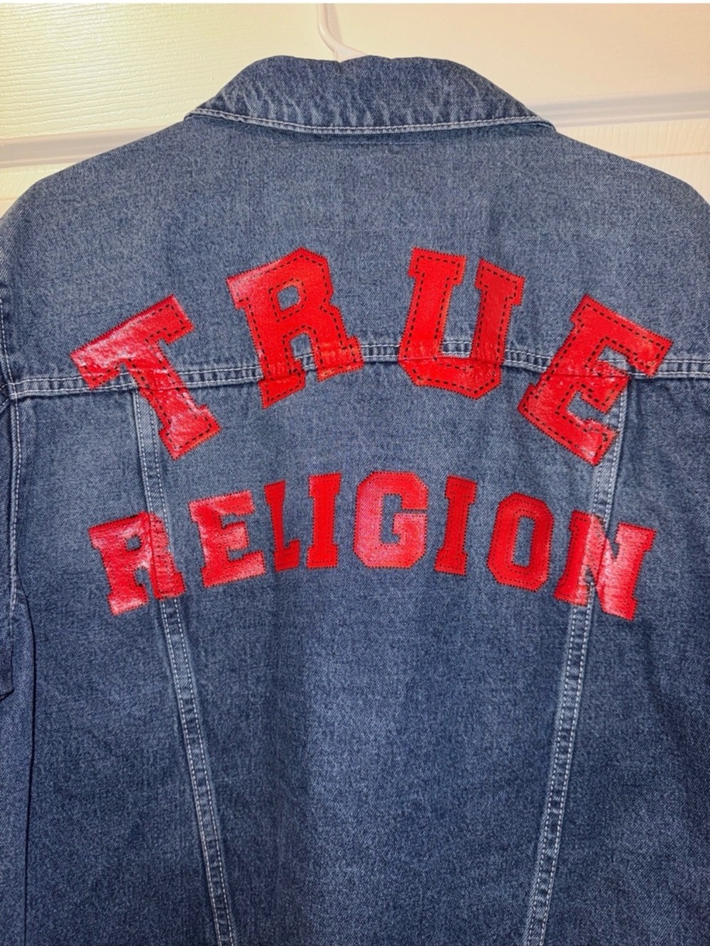 True Religion Blue Denim Jacket with Red Lettering - Picture 5 of 8